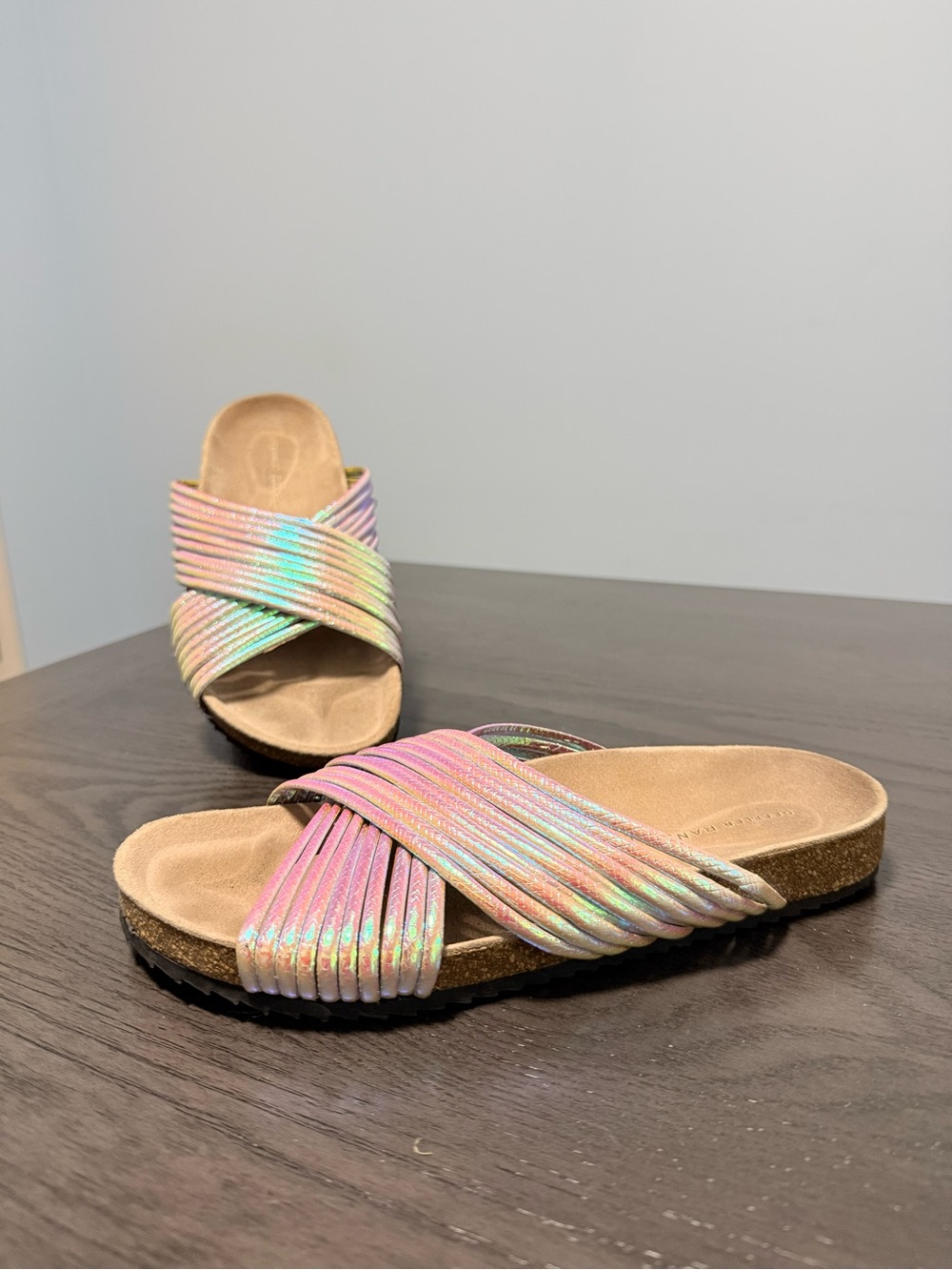 Loeffler Randall Women’s Iridescent Criss Cross Slide Sandals Cork Footbed Sz 7